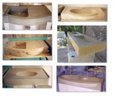 Six éviers en pierre dans des styles différents pour l'aménagement intérieur des cuisines et salles de bain.
